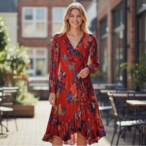 Anthropologie Red Floral Long-Sleeve Wrap Dress